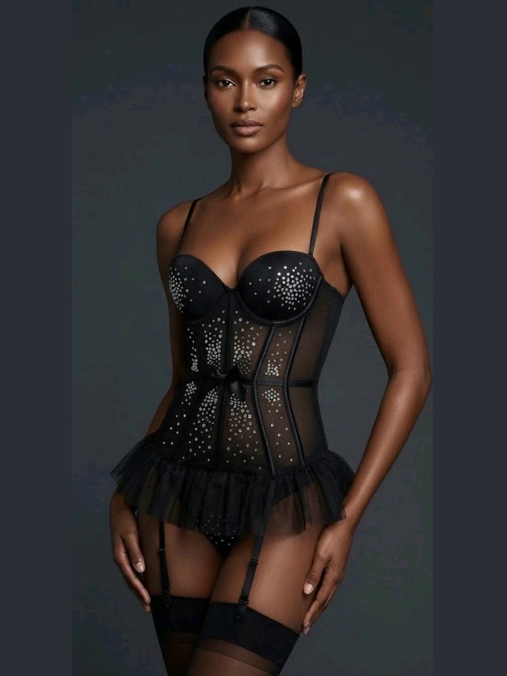 Victoria's Secret Black Mesh Crystal Bow Boned Corset NWT Size 34D